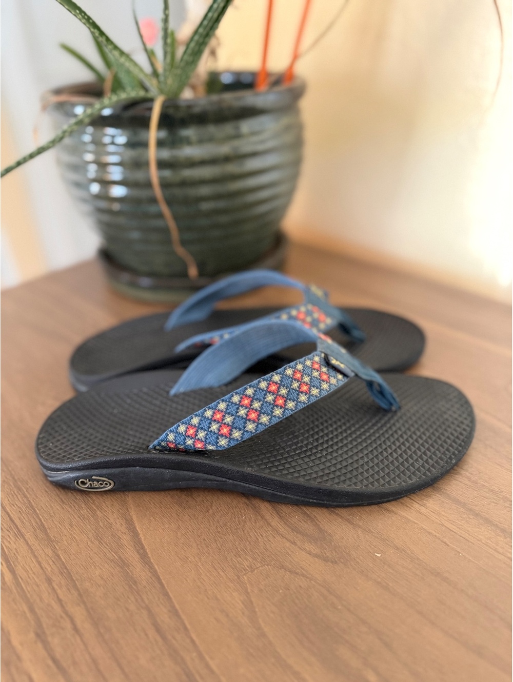 Chaco Ecotread Flip Flops, Blue Multi Pattern, Women's Size 8